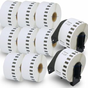 BETCKEY – 10 Rolls of DK-22225 Continuous Labels (Paper) Compatible with Brother, 38 mm x 30.48 m, 10 Labels for Brother QL Label Printers (2 Reusable Label Holders)