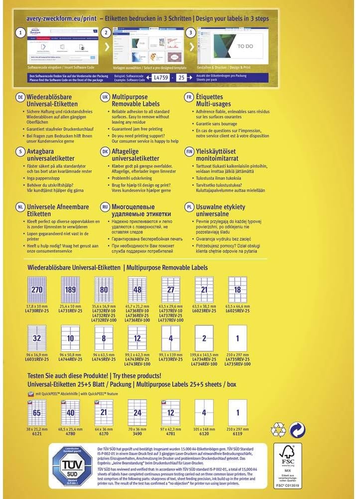 Avery Zweckform L4730REV-25 Universal Labels 17.8 x 10 mm 25 Sheets / 6750 Labels/White – Bild 3