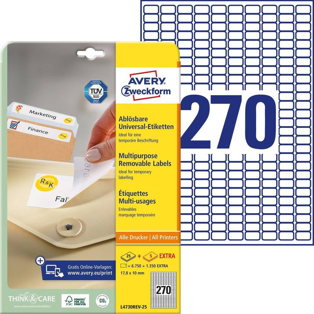 Avery Zweckform L4730REV-25 Universal Labels 17.8 x 10 mm 25 Sheets / 6750 Labels/White