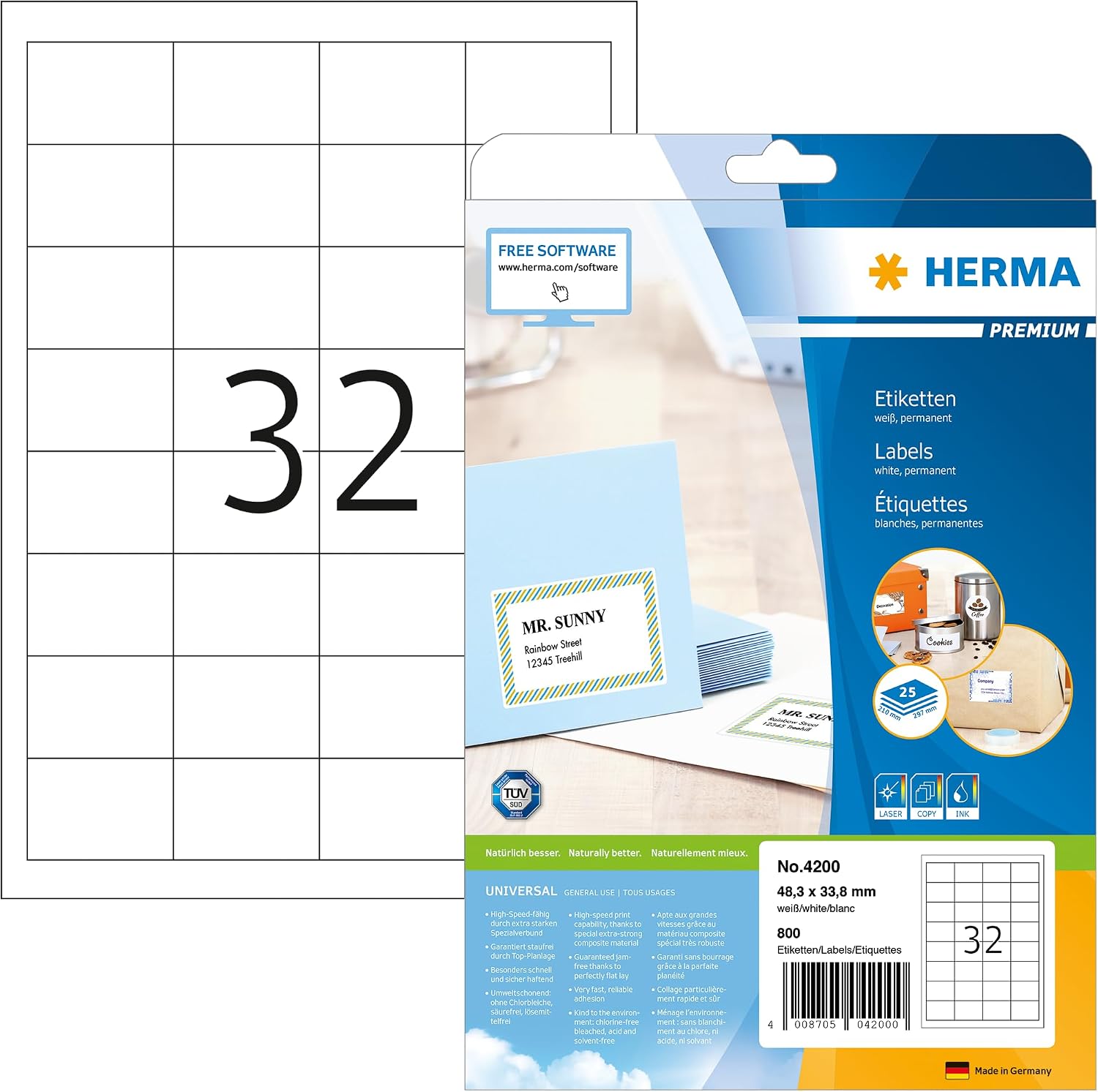 HERMA 4200 48.3x33.8mm Colour Laser Paper Rectangular Premium Multi Function Labels - Matte White (800 Labels, 32 per Sheet)