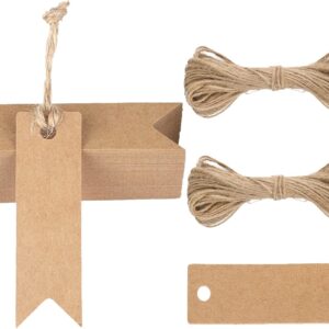 G2PLUS Small Kraft Paper Labels Tags – 7 x 2 cm Mini Gift Tags – Pack of 100 Tags Labels with Jute String (Brown)