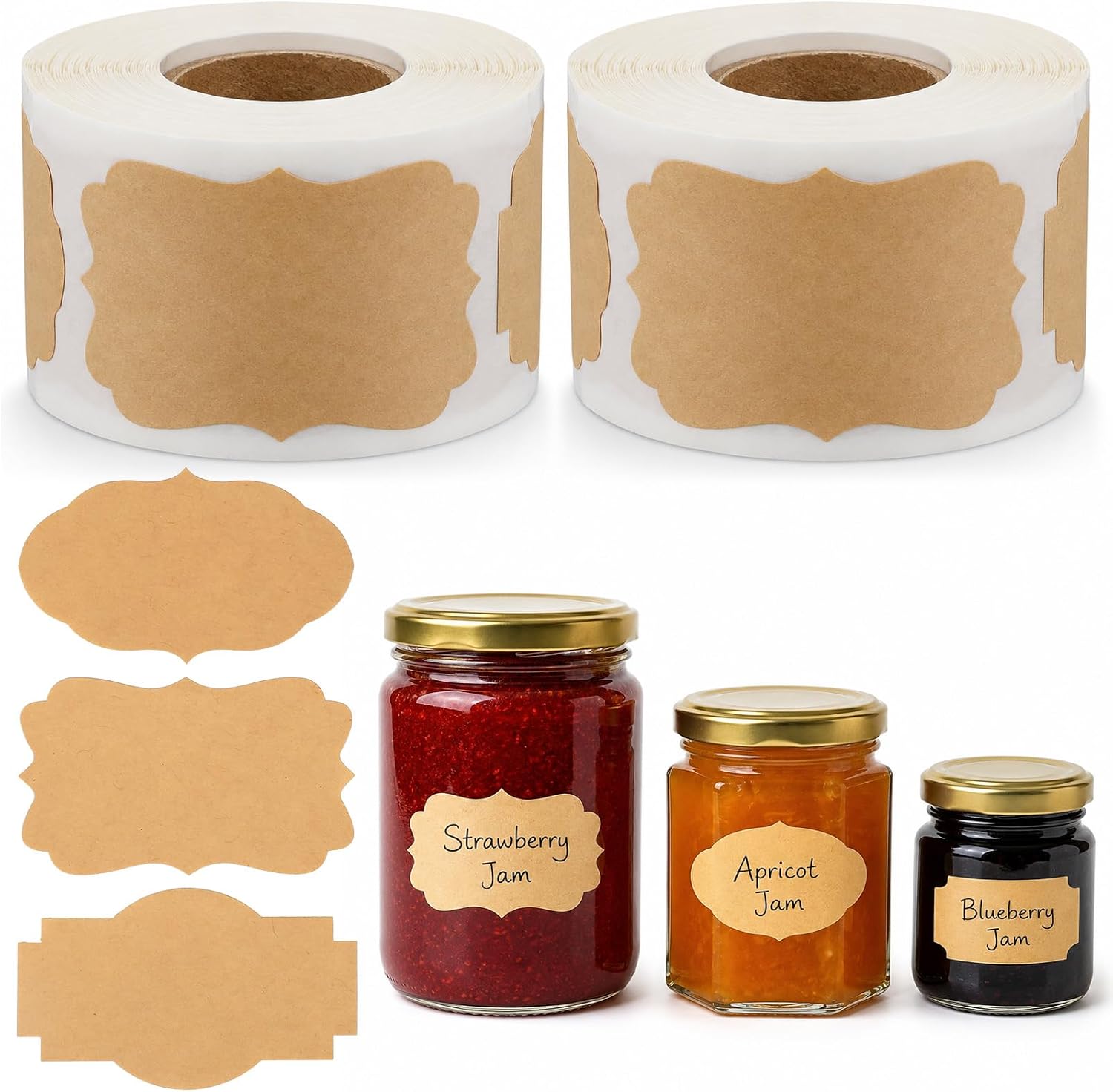 2 Rolls of Self-Adhesive Labels, Jam Jars, Kraft 5 x 3 cm