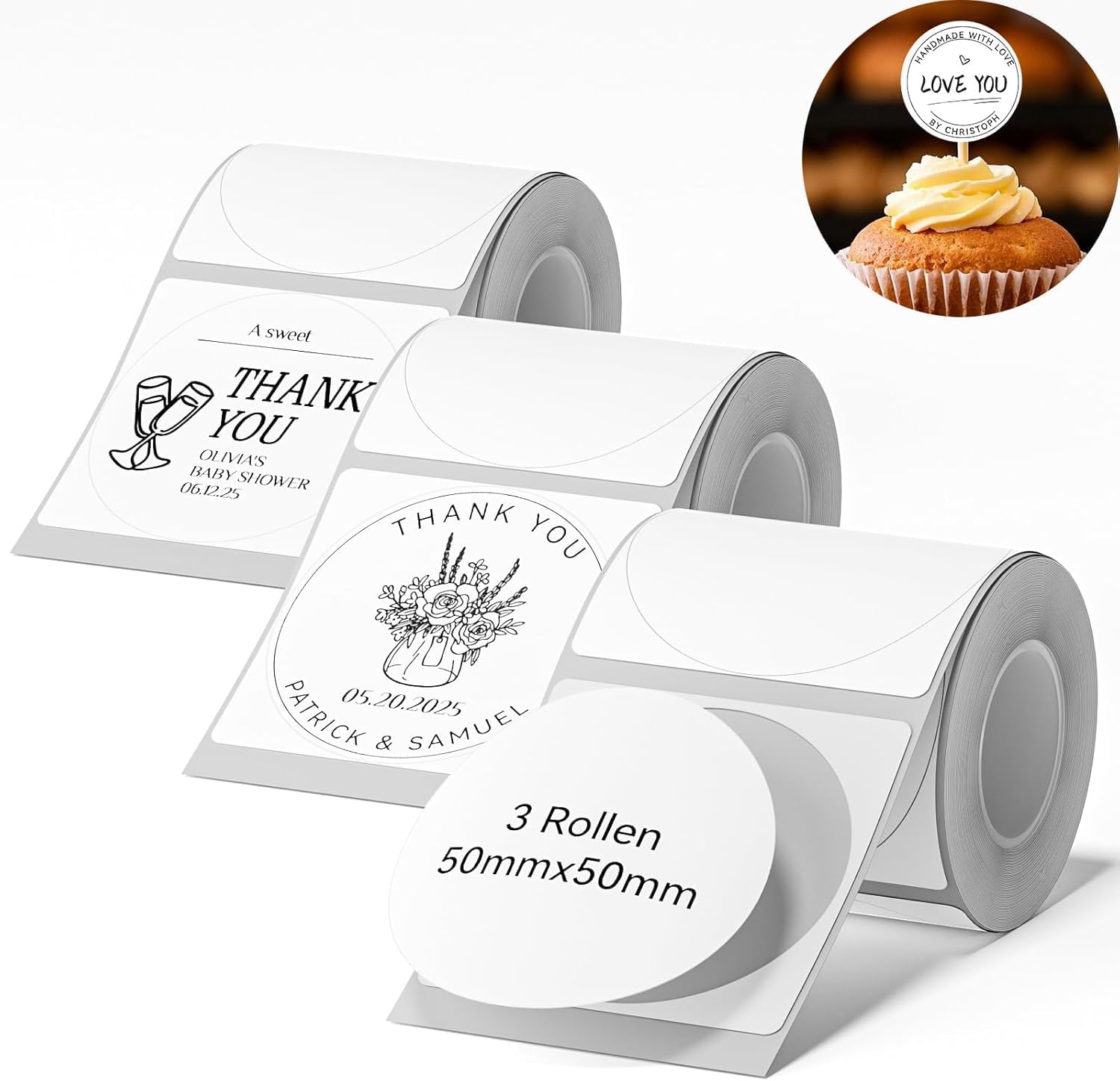 NIIMBOT Labels Compatible with B1 / B21 / B3S Label Printer, 3 Rolls 50 x 50 mm Thermal Label Tape for Supermarkets Retail Office, 150 Labels/Roll, White, Round