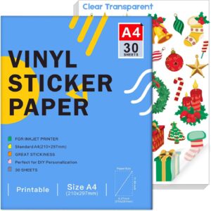 Ruibytree Vinyl Sticker Paper Transparent A4 for Inkjet 30 Sheets