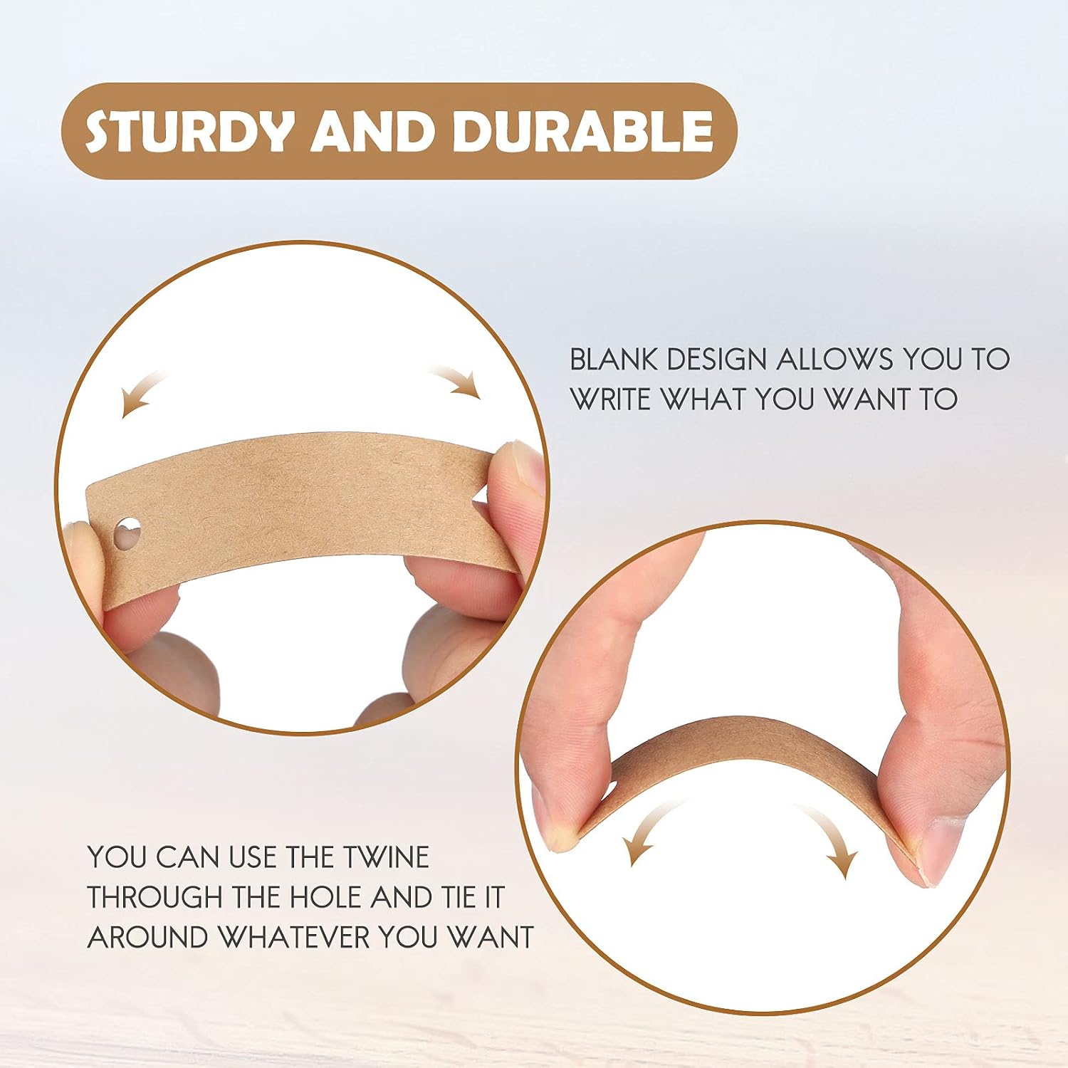 G2PLUS Small Kraft Paper Labels Tags – 7 x 2 cm Mini Gift Tags – Pack of 100 Tags Labels with Jute String (Brown) – Bild 3