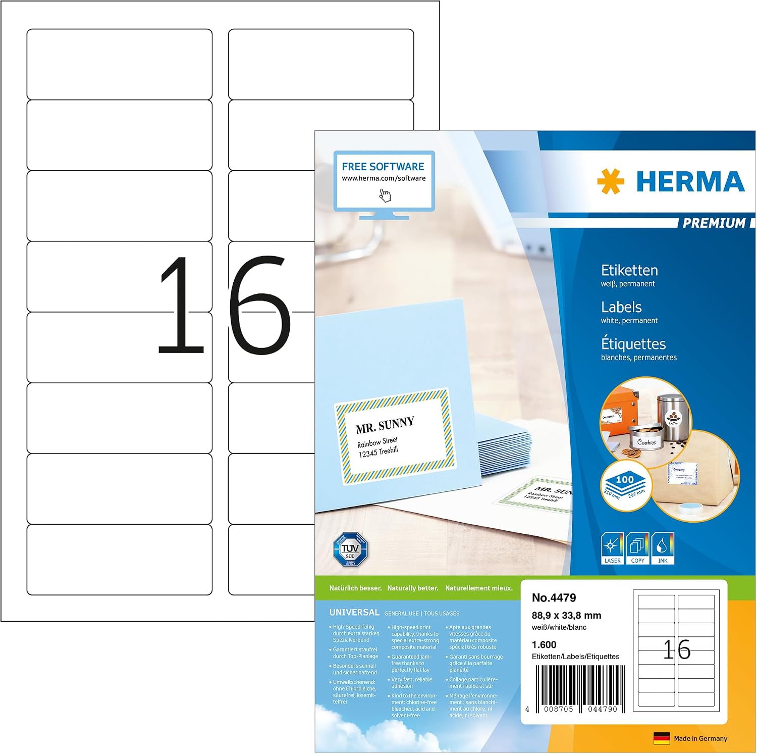 HERMA 4479 Address Labels, 100 Sheets, 88.9 x 33.8 mm, 16 per A4 Sheet, Pack of 1600, Self-Adhesive, Printable, Matt, Blank Paper Address Labels, White