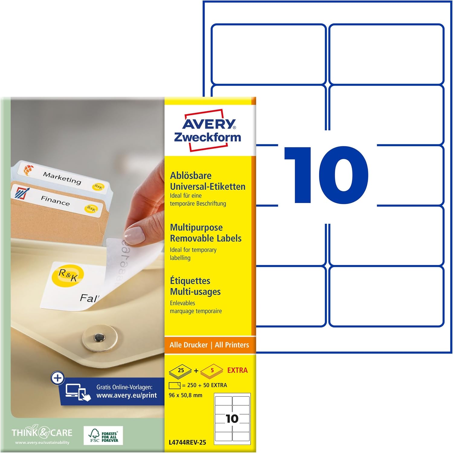 Avery Zweckform L4744REV-25 Universal Labels 25 Sheets / 250 Labels / 96 x 50.8 mm White