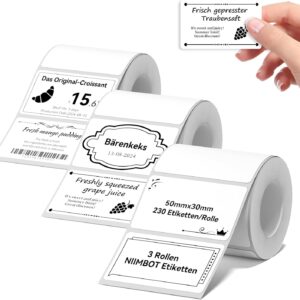 NIIMBOT Labels Compatible with B1 / B21 / B3S Label Printer, 3 Rolls 50 x 30 mm Thermal Label Tape for Supermarkets Retail Office, 230 Labels/Roll, White