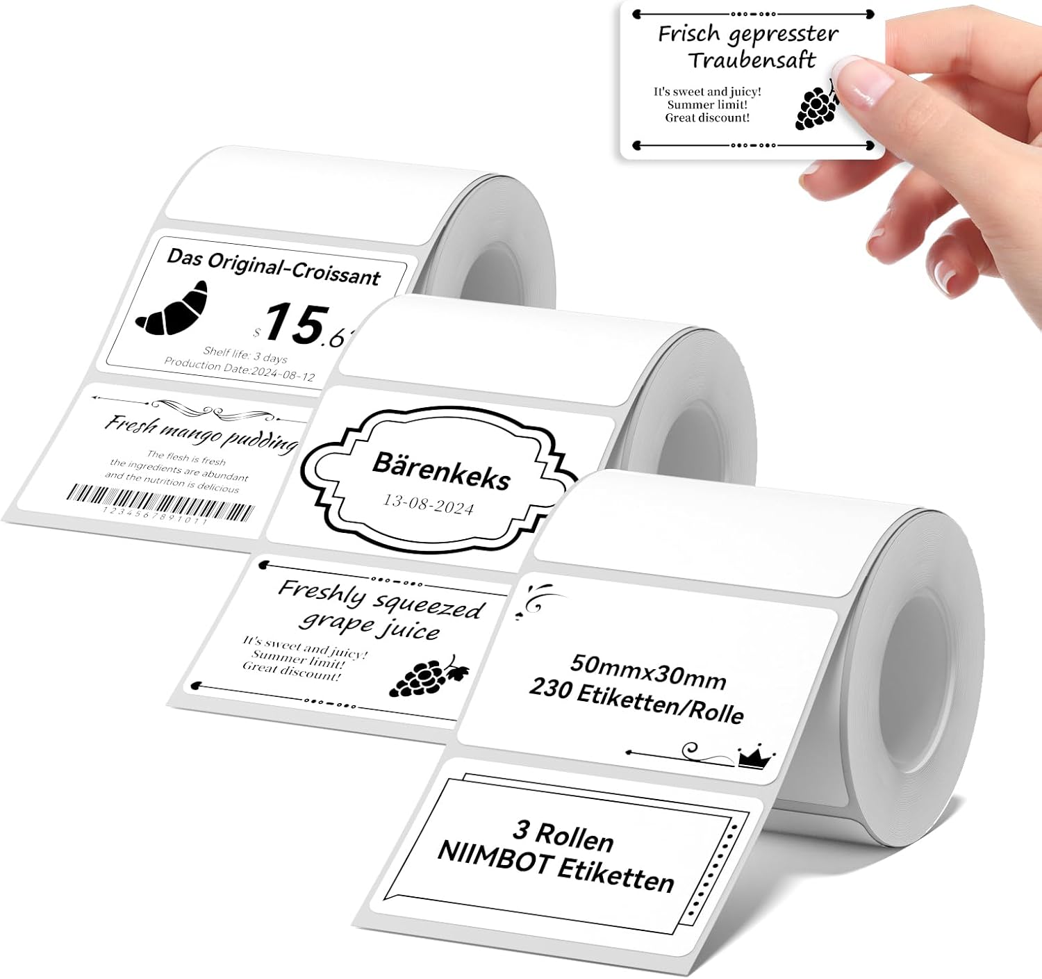 NIIMBOT Labels Compatible with B1 / B21 / B3S Label Printer, 3 Rolls 50 x 30 mm Thermal Label Tape for Supermarkets Retail Office, 230 Labels/Roll, White