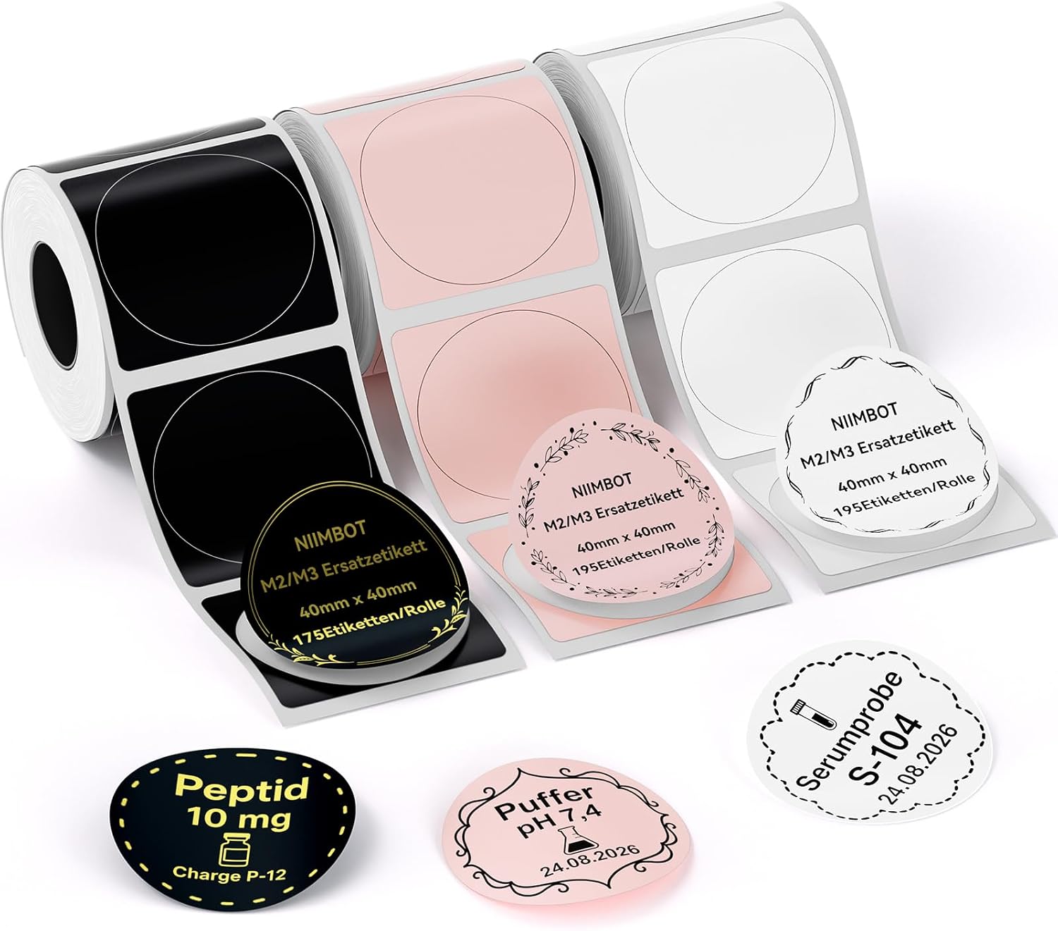 NIIMBOT M2 M3 Labels 40 x 40 mm Round, 3 Rolls Label Tape, Multi-Coloured