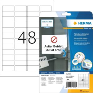 HERMA 4346 45.7×21.2mm Movables Colour Laser Paper Rectangular Removable Labels with Round Corners – Matte White (1200 Labels, 48 per Sheet)