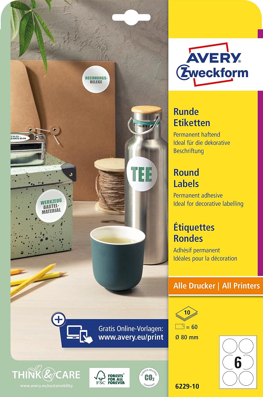 AVERY Zweckform 6229-10 Round Labels (60 Adhesive Dots, Diameter 80 mm on A4, Round Stickers for Printing, Self-Adhesive Product Labels, Permanent Adhesive Jam Labels), 10 Sheets, White – Bild 8