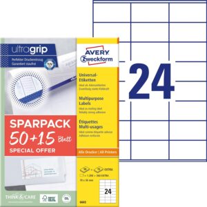 AVERY Zweckform 6602 Address Labels (1,200 Plus 360 Extra Adhesive Labels, 70 x 36 mm on A4, Matte Paper, Printable Sender Labels, Self-Adhesive Address Labels with Ultragrip), 65 Sheets, White