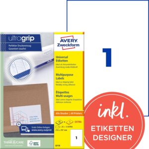 AVERY Zweckform 6119 Universal Labels (25 Plus 5 Extra Adhesive Labels, 210 x 297 mm on A4, Matte Paper, Printable Shipping Labels, Self-Adhesive Shipping Stickers with Ultragrip) 30 Sheets, White