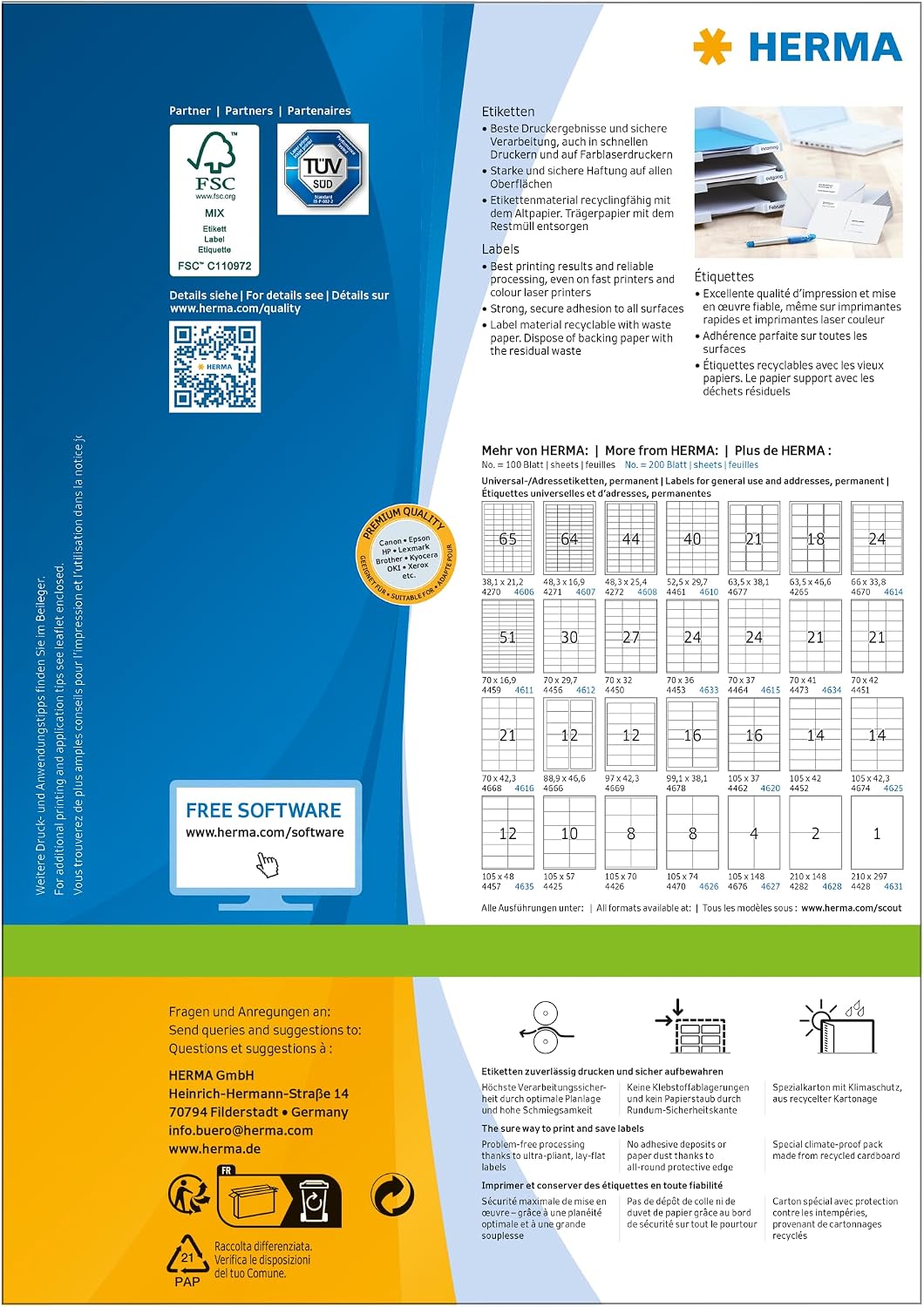 HERMA 4479 Address Labels, 100 Sheets, 88.9 x 33.8 mm, 16 per A4 Sheet, Pack of 1600, Self-Adhesive, Printable, Matt, Blank Paper Address Labels, White – Bild 2