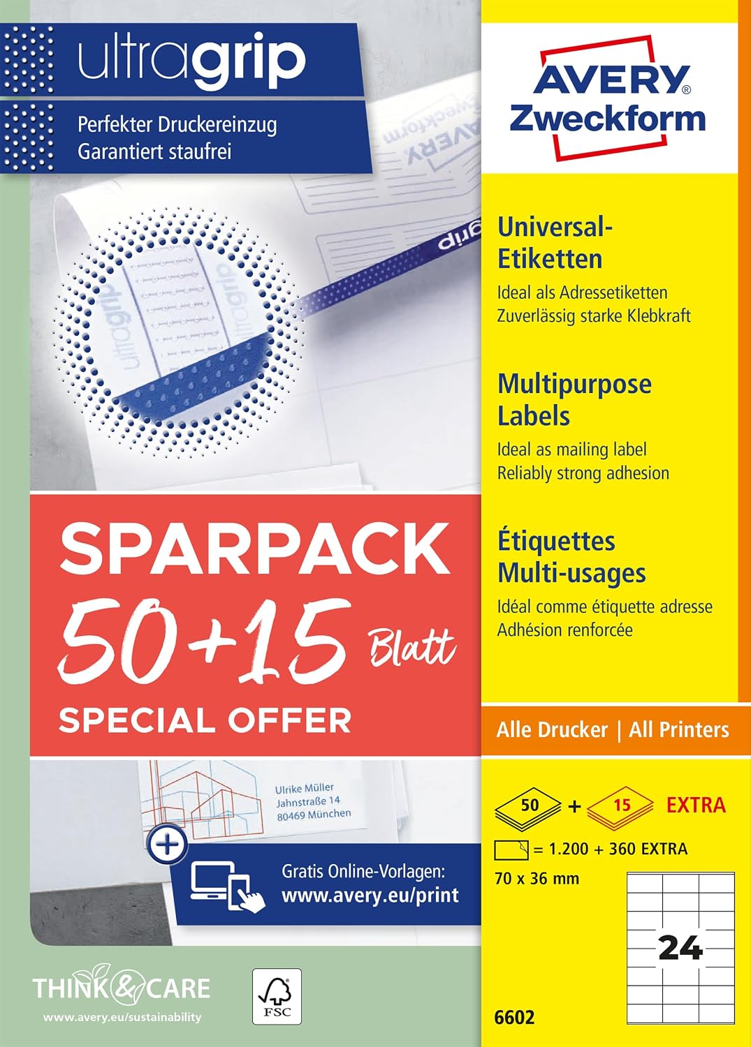AVERY Zweckform 6602 Address Labels (1,200 Plus 360 Extra Adhesive Labels, 70 x 36 mm on A4, Matte Paper, Printable Sender Labels, Self-Adhesive Address Labels with Ultragrip), 65 Sheets, White – Bild 11