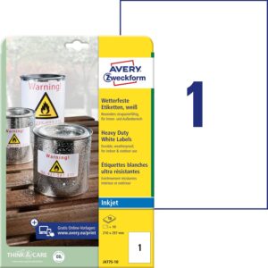 Avery Heavy Duty Labels Inkjet 1 per Sheet 210x297mm White Ref J4775-10 [10 Labels]