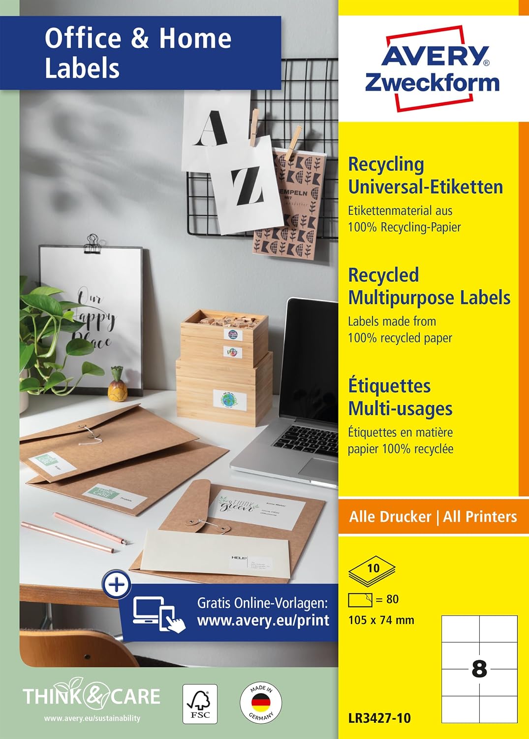 AVERY Zweckform LR3427-10 Recycled Labels (80 Address Labels, 105 x 74 mm on A4, 100% Recycled Paper, Printable Shipping Labels, Self-Adhesive Shipping Labels), 10 Sheets, Natural White – Bild 12