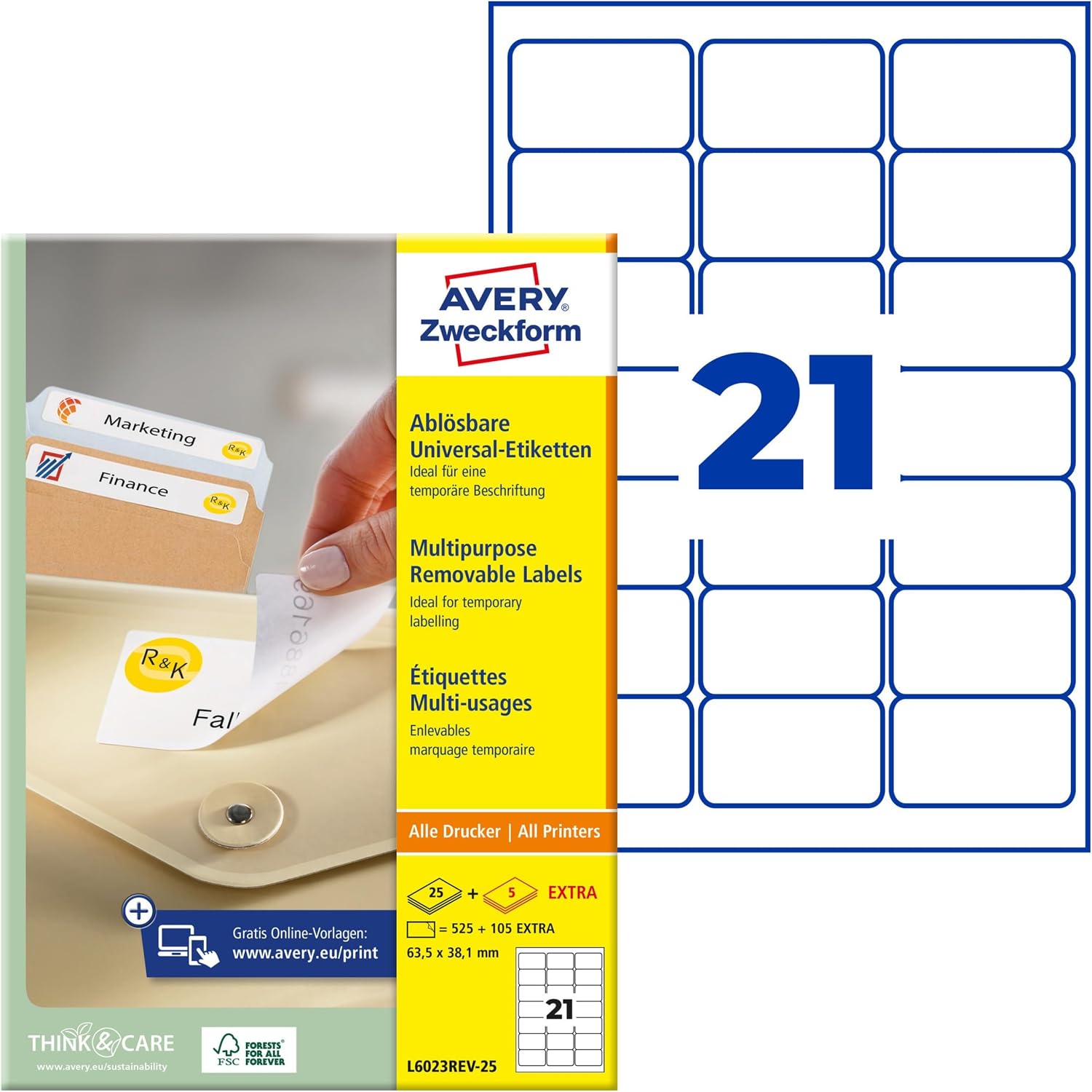 Avery Zweckform L6023REV-25 Removable Labels Company Labels to Identify Brochures 63.5 x 38.1 mm 25 Sheets