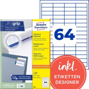 Avery Zweckform 3667, universal labels, A4, matt paper, 6,400 labels, 48.5 x 16.9 mm, 100 sheets, white
