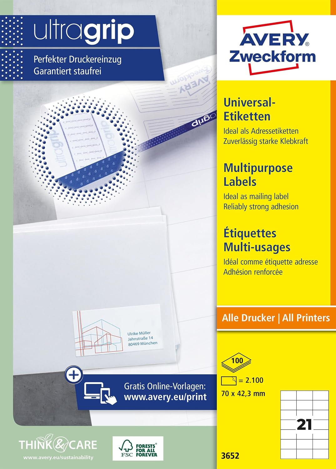 AVERY Zweckform 3652 Address Labels (2,100 Adhesive Labels, 70 x 42.3 mm on A4, Matte Paper, Printable Sender Labels, Self-Adhesive Address Labels with Ultragrip), 100 Sheets, White – Bild 10