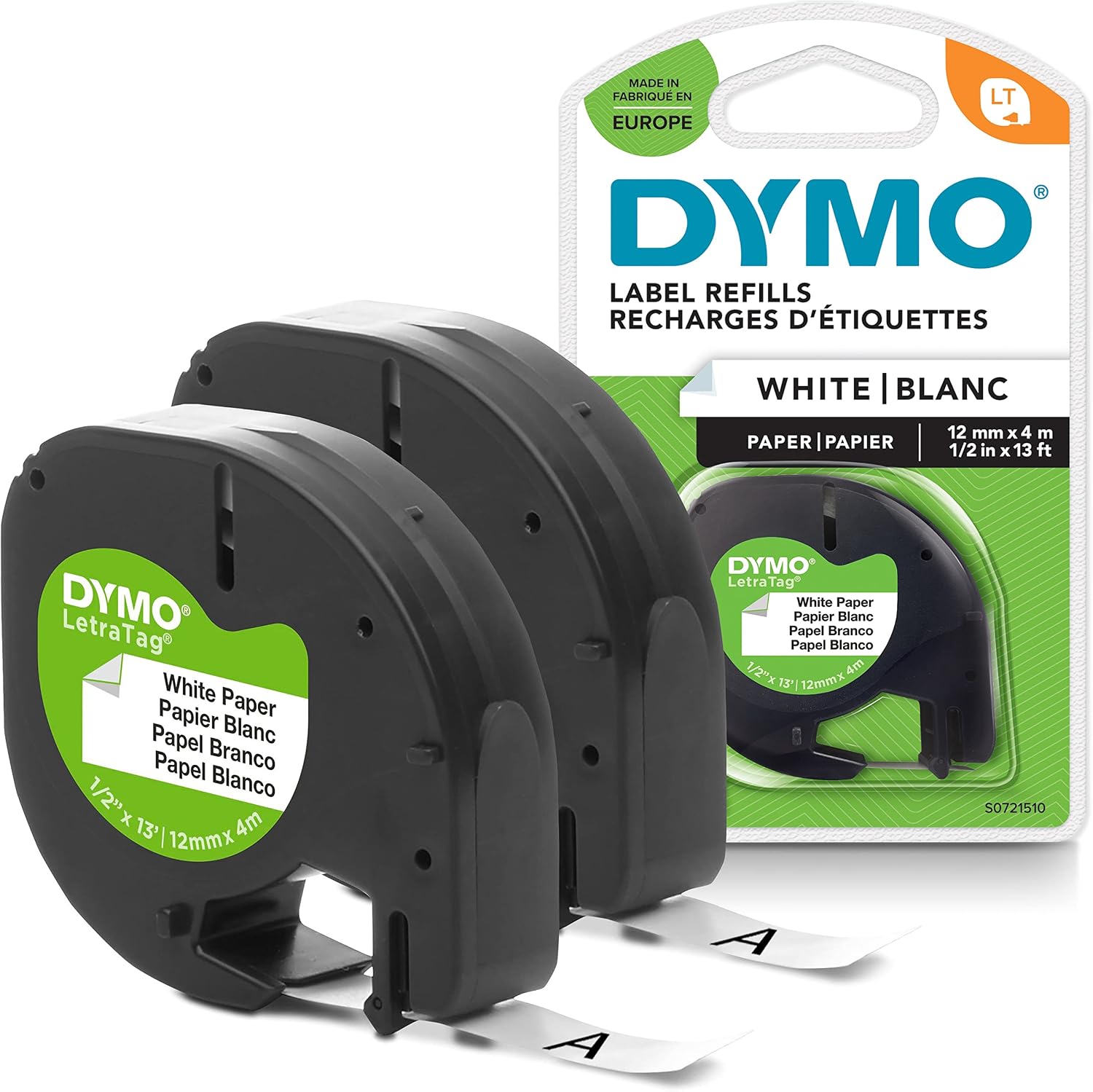 DYMO Original LetraTag Paper Label Tape, Black on White, 12 mm x 4 m, Self-Adhesive Label Tape for LetraTag Labelling Device, 2 Label Cartridges
