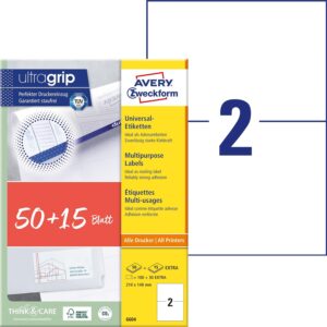 AVERY Zweckform 6604 Universal Labels (100 Plus 30 Extra Adhesive Labels, 210 x 148 mm on A4, Printable Shipping Labels, Self-Adhesive Shipping Stickers with Ultragrip, DHL) 65 Sheets, White