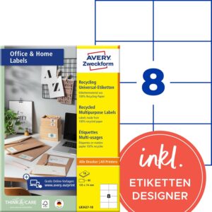 AVERY Zweckform LR3427-10 Recycled Labels (80 Address Labels, 105 x 74 mm on A4, 100% Recycled Paper, Printable Shipping Labels, Self-Adhesive Shipping Labels), 10 Sheets, Natural White