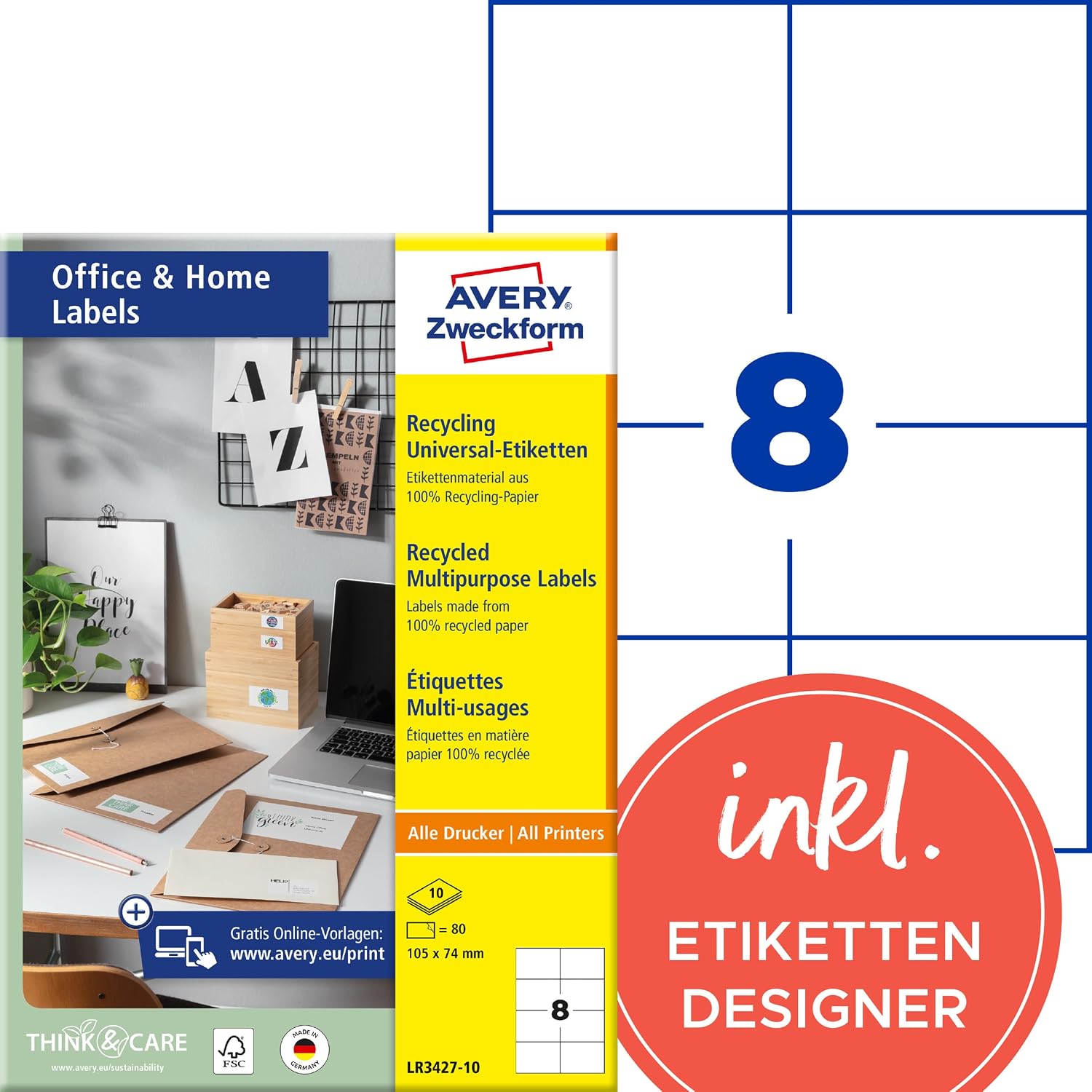 AVERY Zweckform LR3427-10 Recycled Labels (80 Address Labels, 105 x 74 mm on A4, 100% Recycled Paper, Printable Shipping Labels, Self-Adhesive Shipping Labels), 10 Sheets, Natural White