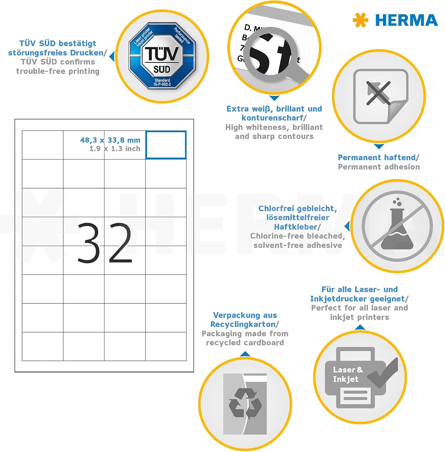 HERMA 4200 48.3x33.8mm Colour Laser Paper Rectangular Premium Multi Function Labels - Matte White (800 Labels, 32 per Sheet) – Bild 6