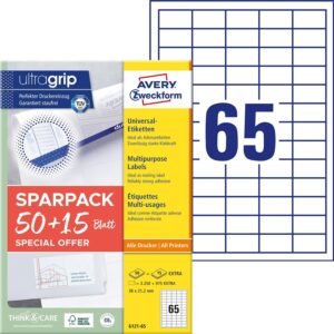 AVERY Zweckform 6121-65 Universal Labels (3,250 Plus 975 Extra Adhesive Labels, 38 x 21.2 mm on A4, Matte Paper, Individually Printable, Self-Adhesive Stickers with Ultragrip) 65, White