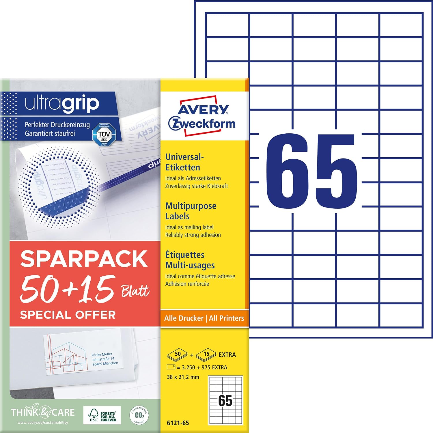 AVERY Zweckform 6121-65 Universal Labels (3,250 Plus 975 Extra Adhesive Labels, 38 x 21.2 mm on A4, Matte Paper, Individually Printable, Self-Adhesive Stickers with Ultragrip) 65, White
