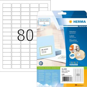 HERMA 4336 35.6x16.9mm Colour Laser Paper Rectangular Premium Multi Function Labels with Round Corners - Matte White (2000 Labels, 80 per Sheet)