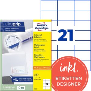 AVERY Zweckform 3652 Address Labels (2,100 Adhesive Labels, 70 x 42.3 mm on A4, Matte Paper, Printable Sender Labels, Self-Adhesive Address Labels with Ultragrip), 100 Sheets, White