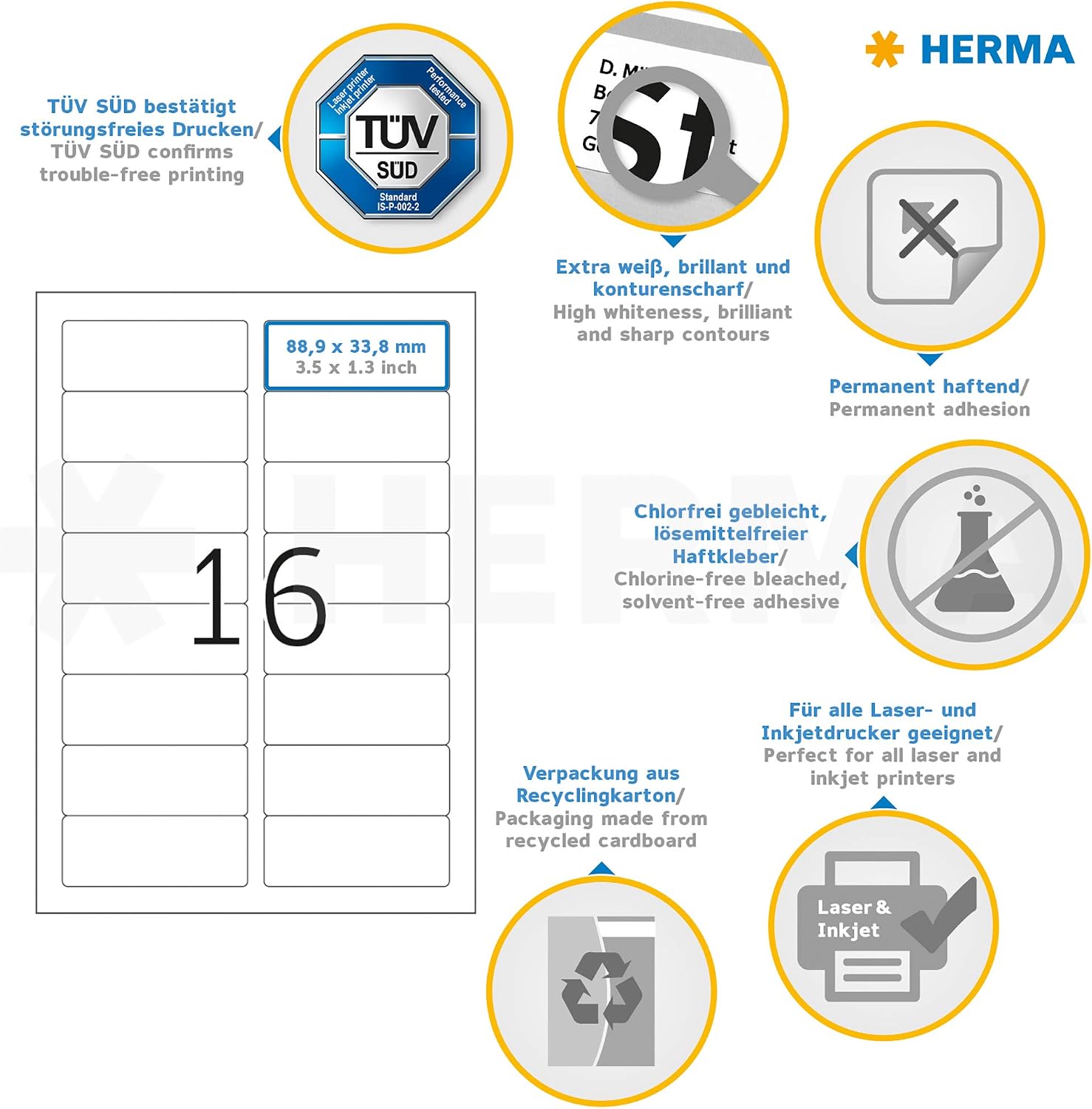 HERMA 4479 Address Labels, 100 Sheets, 88.9 x 33.8 mm, 16 per A4 Sheet, Pack of 1600, Self-Adhesive, Printable, Matt, Blank Paper Address Labels, White – Bild 6