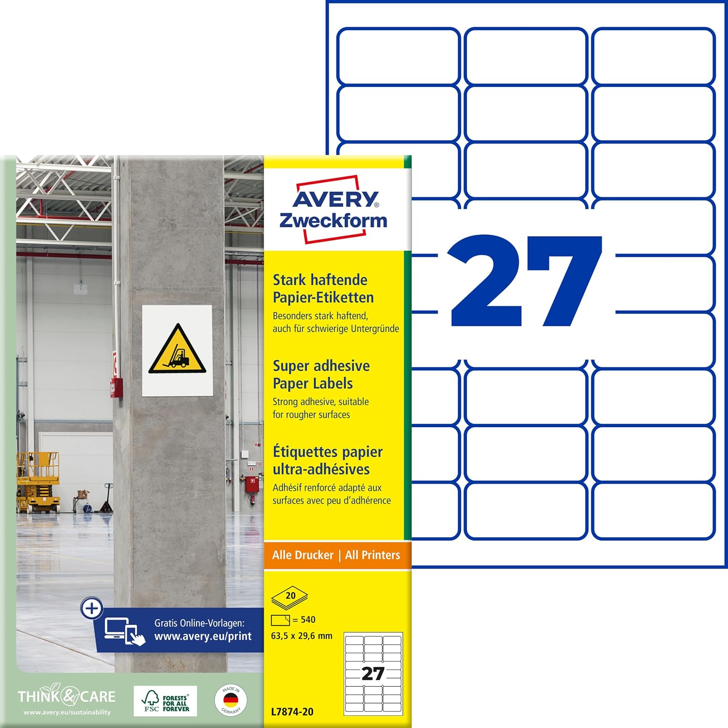 Avery Zweckform L7874 Adhesive Labels 63.5 x 29.6 mm, 20 Sheets/540 Labels/White
