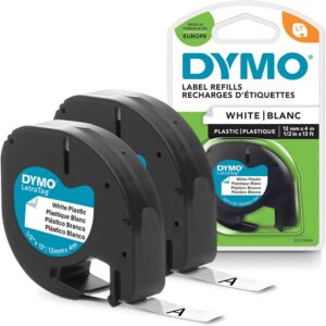 DYMO Original LetraTag Label Tape, Black on White, 12 mm x 4 m, Self-Adhesive Plastic Label Tape, for LetraTag Labelling Device, 2 Label Cartridges