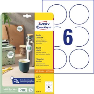 AVERY Zweckform 6229-10 Round Labels (60 Adhesive Dots, Diameter 80 mm on A4, Round Stickers for Printing, Self-Adhesive Product Labels, Permanent Adhesive Jam Labels), 10 Sheets, White