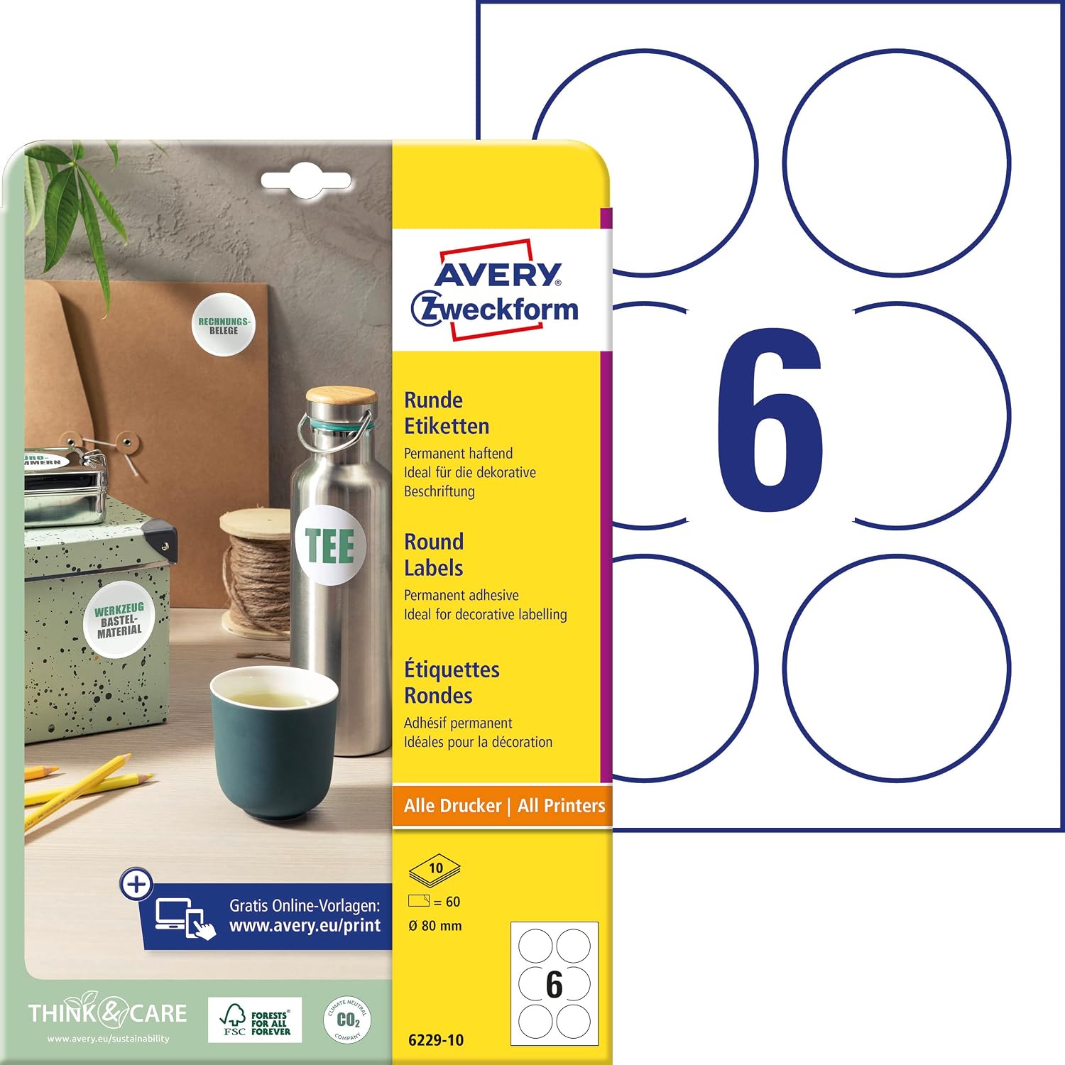 AVERY Zweckform 6229-10 Round Labels (60 Adhesive Dots, Diameter 80 mm on A4, Round Stickers for Printing, Self-Adhesive Product Labels, Permanent Adhesive Jam Labels), 10 Sheets, White
