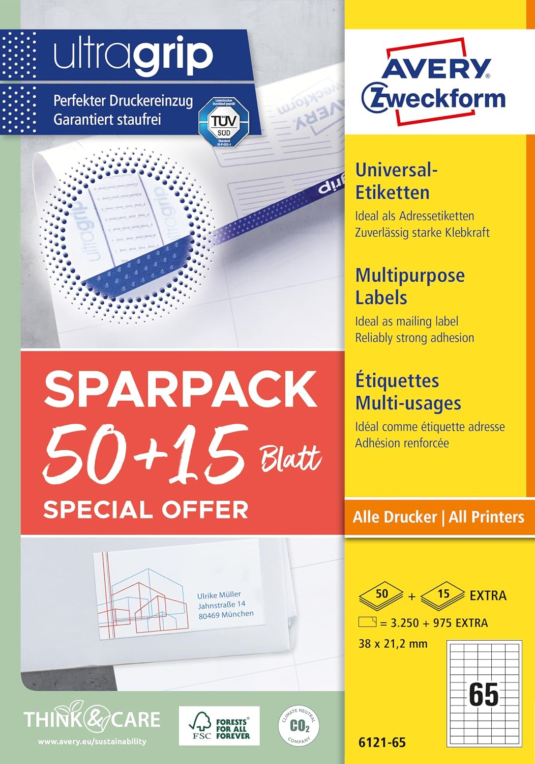 AVERY Zweckform 6121-65 Universal Labels (3,250 Plus 975 Extra Adhesive Labels, 38 x 21.2 mm on A4, Matte Paper, Individually Printable, Self-Adhesive Stickers with Ultragrip) 65, White – Bild 11