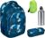 Familando Neoxx School Backpack 4-Piece Set with Pencil Case, Water Bottle and Rain Cover Backpack for School Ergonomic School Bag School Bag 5th to 12th Class, Camo Nation / Blue